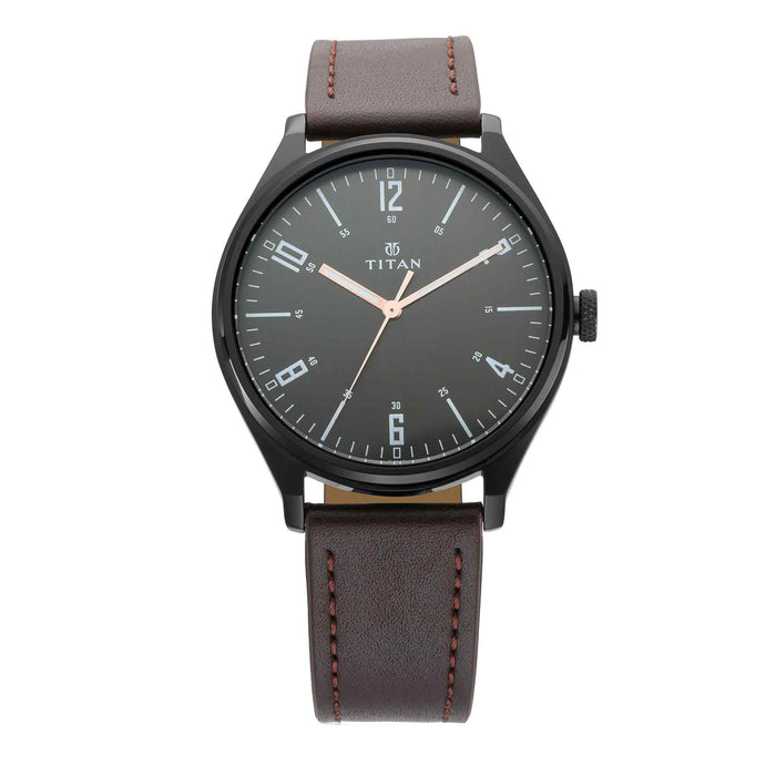 Titan Workwear Watch with Black Dial & Brown Leather Strap 1802NL01