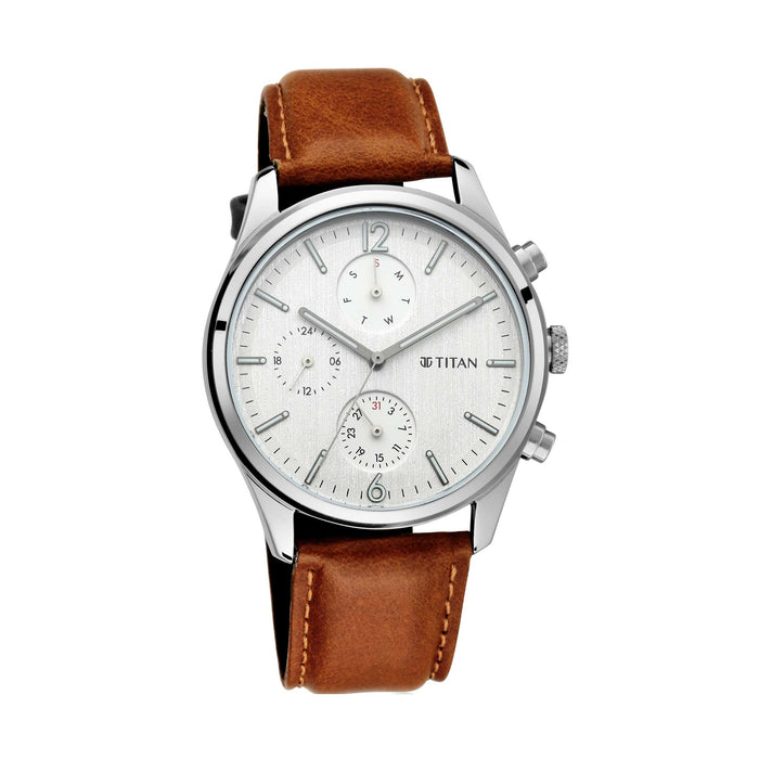 Titan Workwear Watch with White Dial & Leather Strap 1805SL04