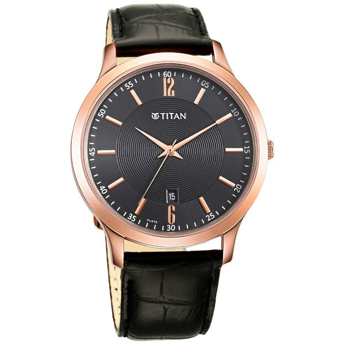 Titan Black Dial Leather Strap Watch for Men